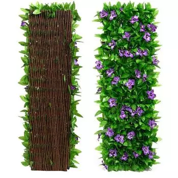 Искусственный плющ и фиолетовый цветок, декоративный фон из зелени из листьев искусственного плюща для защиты конфиденциальности для заднего двора, балкона зелёный