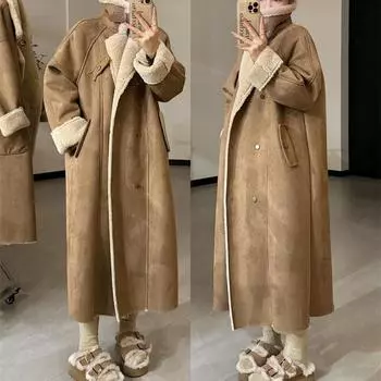 Искусственный плюшевый мех ягненка, интегрированная искусственная шуба, осенне-зимняя, утолщенная, женская, с длинным воротником-стойкой, замша XS (80-55kg length 109cm)