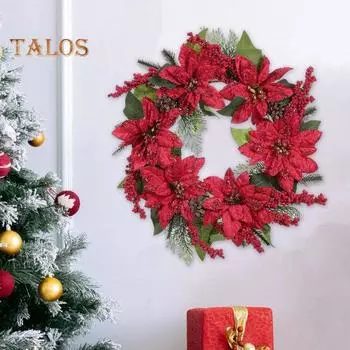 Искусственный рождественский цветочный венок, праздничный венок из красных пуансеттий, ягод с шишками, подвесное украшение для входной двери, камина красный