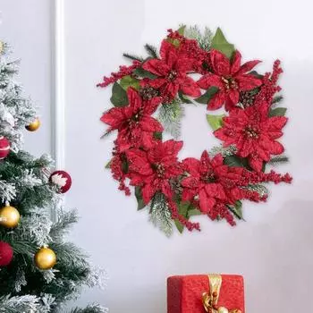 Искусственный рождественский цветочный венок Праздничный венок из красных пуансеттий с ягодами и шишками для фермерского дома