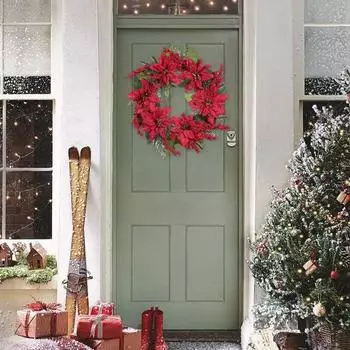 Искусственный рождественский цветочный венок, праздничный венок из красных пуансеттий, ягод с шишками, подвесное украшение для входной двери, камина красный