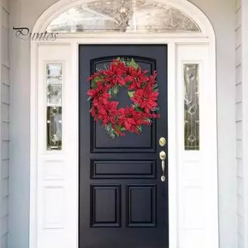 Искусственный рождественский цветочный венок, праздничный венок из красных пуансеттий, ягод с шишками, подвесное украшение для входной двери, камина красный