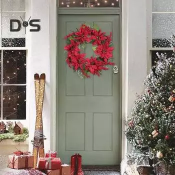 Искусственный рождественский цветочный венок, праздничный венок из красных пуансеттий, ягод с шишками, подвесное украшение для входной двери, камина красный