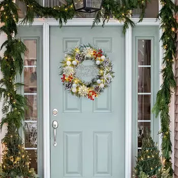 Искусственный рождественский венок, праздничный венок с огнями, украшение входной двери для
