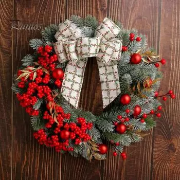 Искусственный рождественский венок, рождественский венок из красных ягод с сосновыми иголками и бантом для праздничного декора входной двери, стены, окна красный/белый