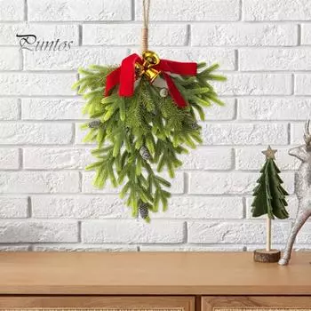 Искусственный рождественский венок в форме слезы, рождественский венок из сосновых иголок с шишками, праздничный висячий венок в форме слезы для внутреннего и наружного декора зелёный