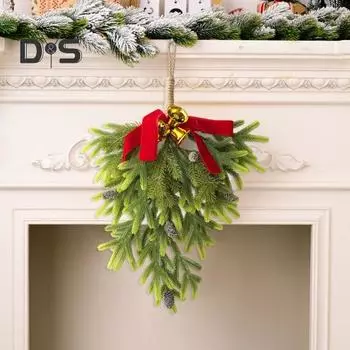 Искусственный рождественский венок в форме слезы, рождественский венок из сосновых иголок с шишками, праздничный висячий венок в форме слезы для внутреннего и наружного декора зелёный