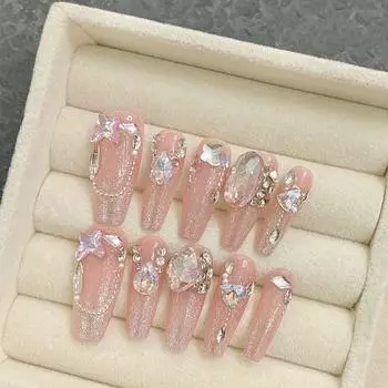 Искусственный свет для ногтей ручной работы. Роскошные высококачественные романтические ногти с бриллиантами для фототерапии. Накладные ногти. Многоразовые и съемные ногти. XS