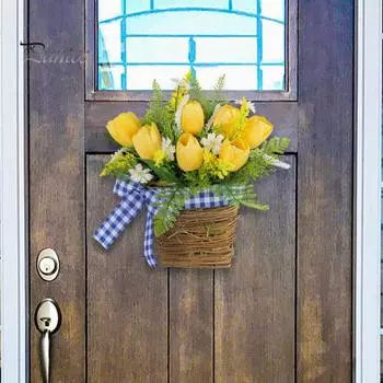 Искусственный тюльпан, венок, украшение с синим клетчатым бантом, искусственный желтый цветок, вешалка для входной двери, настенное украшение, весенний цветок, украшение жёлтый