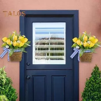 Искусственный тюльпан, венок, украшение с синим клетчатым бантом, искусственный желтый цветок, вешалка для входной двери, настенное украшение, весенний цветок, украшение жёлтый