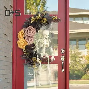 Искусственный венок из черепа на Хэллоуин, венок из черепа, розы, луны, скелета, гирлянды из виноградной лозы, подвесное украшение для входной двери B