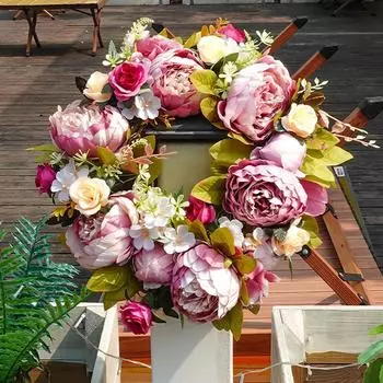 Искусственный венок из пионов, гирлянда из ротанга, домашний декор, свадебный венок, цветочная гирлянда ручной работы для демонстрации на открытом воздухе осенью и зимой 2024 г. 37cm
