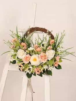 Искусственный венок из роз 40 см Венок для входной двери с вишневым цветом Венок из зеленых листьев Искусственный венок для стены Свадебная вечеринка Домашний декор шампанского