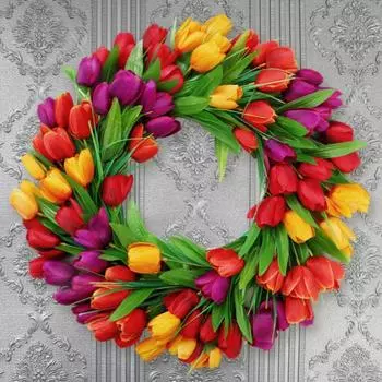 Искусственный венок из тюльпанов, украшение 40 см, цветочный Гарл, подвесное украшение на день матери для передней двери