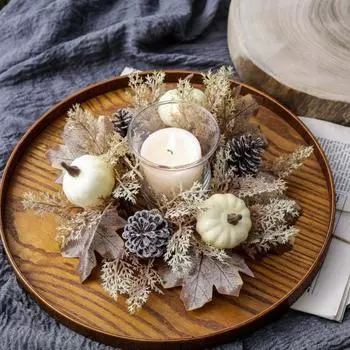 Искусственный венок на День благодарения, свечное кольцо, кленовый лист, тыква, шишка, подсвечник, гирлянда, украшение для стола на праздник урожая белый