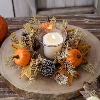 Искусственный венок на День благодарения, свечное кольцо, кленовый лист, тыква, шишка, подсвечник, гирлянда, урожай белый