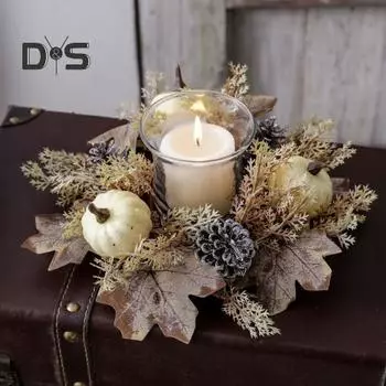 Искусственный венок на День благодарения, свечное кольцо, кленовый лист, тыква, шишка, подсвечник, гирлянда, украшение для стола на праздник урожая белый