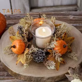 Искусственный венок на День благодарения, свечное кольцо, кленовый лист, тыква, шишка, подсвечник, гирлянда, украшение для стола на праздник урожая белый