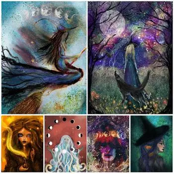 Искусство ведьмы и луны, печать плакатов, летающая ведьма, метла, настенное искусство, полнолуние, ведьма и бутылка с заклинаниями, холст, искусство 21cm30cm NoFrame