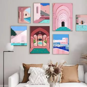 Islamic Architecture Wall Art Painting Swimming Pool Poster Moroccan Arch Gate Print Modern Canvas Picture For Living Room Decor 21x30cm No Framed белый