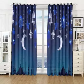 Islamic Traditional Festival Eid Curtain Luxury Living Room Bedroom Home Decor Shade Curtain 2 Panel Punch Hooks 100W130H(CM)40x51in&Hook