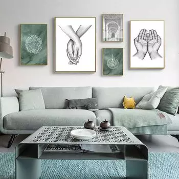 Исламская каллиграфия, зеленые настенные художественные постеры, современные цитаты, ручная печать, холст, картины, скандинавские картины с мечетью для декора гостиной 21x30cm No Framed