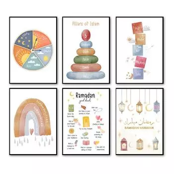 Исламский мультфильм Поезд Машина Радуга Погода Коран Дети Картины Плакаты Печать Холст Искусство Настенное украшение Детская комната Декор 21x30cm No Framed