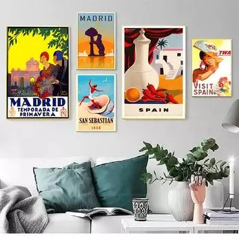 Испания, Мадрид, Сан-Себастейн, путешествия, холст, живопись, винтажные настенные крафт-плакаты с покрытием, настенные наклейки, домашние декоративные фотографии, подарок, без рамки 21*30cm