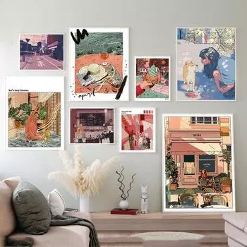 Испанская архитектура, туристический принт, постер «Девушка и Шиба», рыба, мороженое, картина, мультфильм, аниме, настенное искусство, холст 21cm30cm NoFrame