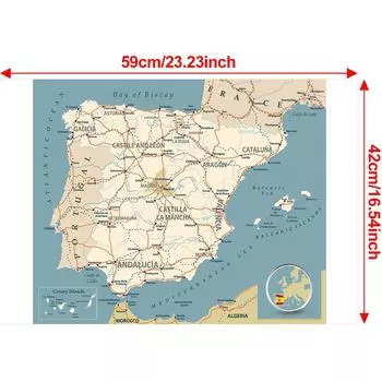 Испанская карта - Ткань для фона - Карта Испании - Декор в виде линейной карты - Картинка для путешествий, Образовательный инструмент, Фон для фотосессии 59*42cm