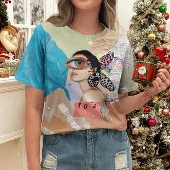 Использование художественного коллажного дизайна для женской повседневной футболки - уникальный уличный стиль, летняя круглая горловина, Dhort Dleeve S