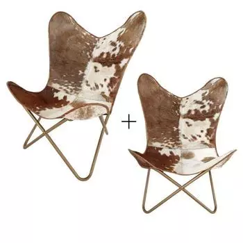 Испытайте непревзойденный стиль и комфорт с двумя комбинированными коричневыми и белыми волосами ручной работы на кожаном кресле-бабочке с подлокотниками