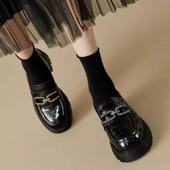 Источник грубый каблук маленькие кожаные туфли женские британские ветреные флисовые мокасины на плоской подошве черные рабочие 35 чёрный