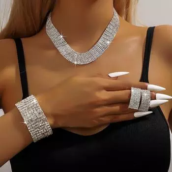 Источник Мода Коготь Цепочка Петля Стразы Ожерелье Серьги Комплект Обед Платье Ключица Цепочка Ожерелье Женщины