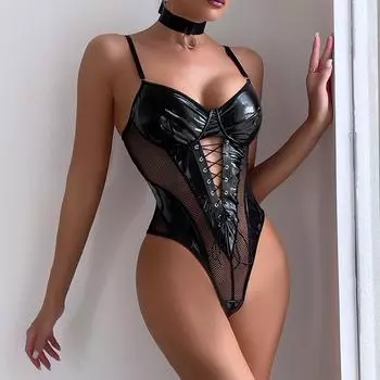 Источник одежды Ночной клуб Spice Girls PU кожаный сетчатый комбинезон с ремешком на талии с открытой спиной для секса Забавный женский комбинезончик S