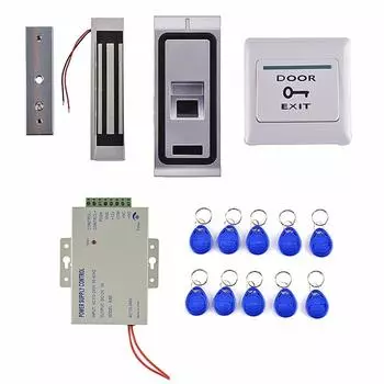Источник питания + Система контроля доступа по отпечаткам пальцев со считывателем идентификационных карт 125 кГц + Магнитный замок на 300 фунтов серебряный