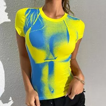 Источник заводской тепловой карты тела печать искусства личности круглый ворот молочный шелк 3D футболка для женщин S