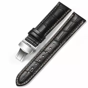 [iStrap] Ремешок для часов 24 мм - Ремешок для часов из натуральной кожи - Ремешок для часов с узором из крокодиловой кожи - Застежка с кнопкой D - Ремешок для часов - ЧерныйМолочный