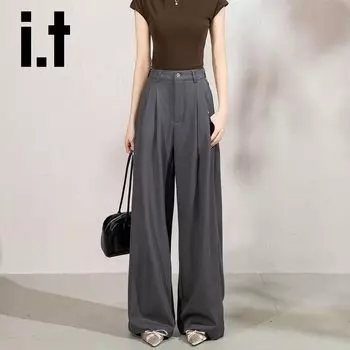 It: Chocoolate Gray Casual Pants Women s Drape Summer Thin Loose Wide Leg Ice Silk Suit Mop Pants Grey (Long) for height 163-170cm S