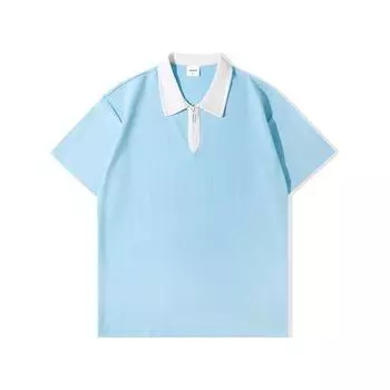 It Makes Me Look Elegant! 230G Heavy Weight Dark Green American Patchwork Contrast Color Half Zipper Polo Shirt Short Sleeve T-shirt Summer Sky Blue White S