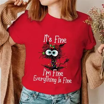 It s Fine I m Fine Everything Футболки с принтом кота, топы, женская футболка, рождественские футболки с огнями Санта-Клауса, женские топы 90-х Ulzzang, футболки S