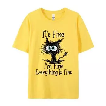 It s Fine I m Fine Everything Printed Cat Summer Large Loose Round Neck Cotton Short Sleeve T Shirts Womens S белый