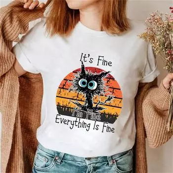It s Fine, I m Fine, все прекрасно, женские модные футболки с принтом, футболки с забавным принтом кота, женские футболки, женские футболки XS