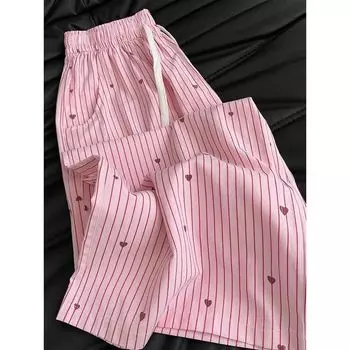 It s So Sunny to Go out and Play! Sweet Stripes Heart Printing Loose Pants Female Loose Small Mop Cool Pants Heart Print Quality Edition] S