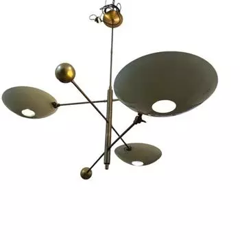 Итальянская люстра середины века с тремя закрытыми рожками из белой и патинированной латуни