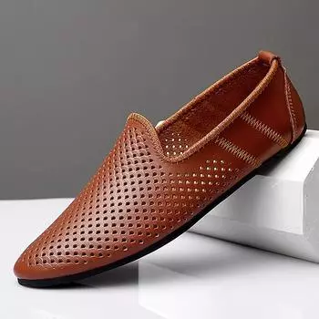 Итальянская мужская обувь, повседневные роскошные летние мужские мокасины из натуральной кожи, дышащие, открытые, без застежек, обувь для вождения 5
