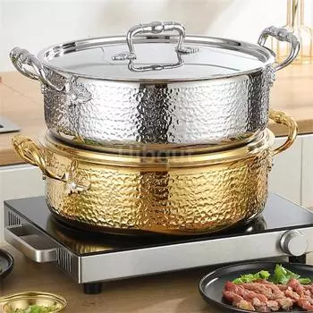 Итальянская ручная молотковая печатная кастрюля из 3-слойной стали, прозрачная кастрюля для супа, коммерческий двойной вкус, толстый горшок из нержавеющей стали 304