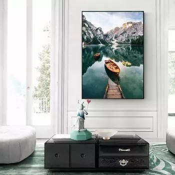 Итальянские Альпы Озеро Брайс Северный док Пейзаж Современное искусство Фреска Лодки Печать на холсте Плакаты Эстетические настенные художественные фотографии Гостиная Домашний декор 20x30cm No Frame