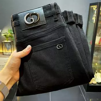 Итальянские черные джинсы для мужчин 2024 года, осень, новые высококачественные облегающие прямые брюки с флисовой подкладкой и утеплителем европейского производства, длинные брюки 28 чёрный