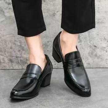 Итальянские классические мужские туфли из кожи на высоком каблуке. Модные туфли в стиле минимализма для свадебных вечеринок, повседневные, деловые, мужские туфли на толстой подошве. 37 чёрный